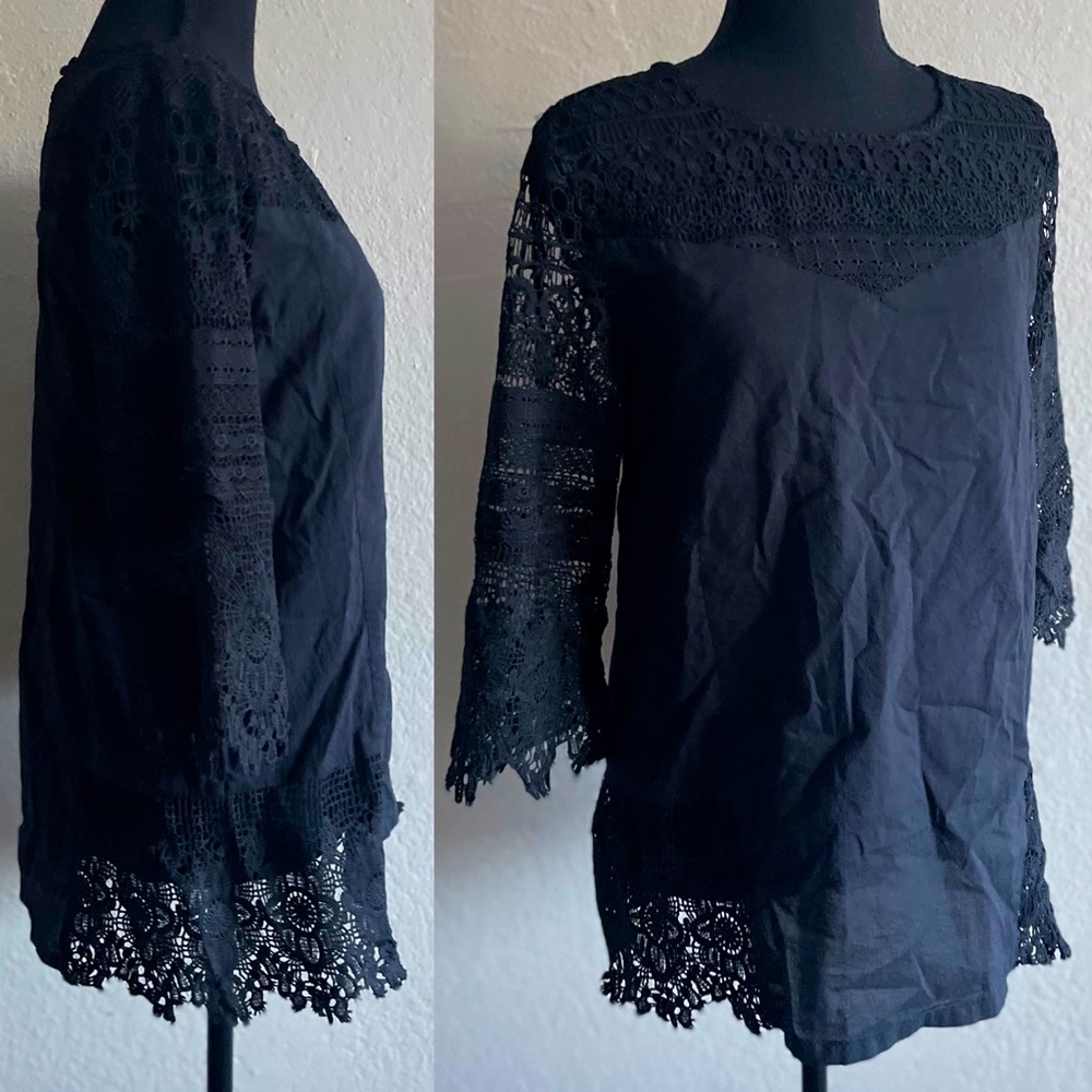 Black Laced Blouse Top with 3/4 Sleeve